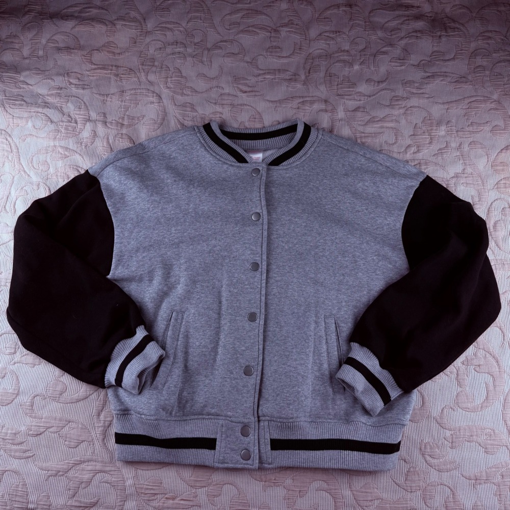 No Boundaries Women's Fleece Grey Black Varsity Bomber Jacket Size L 11-13